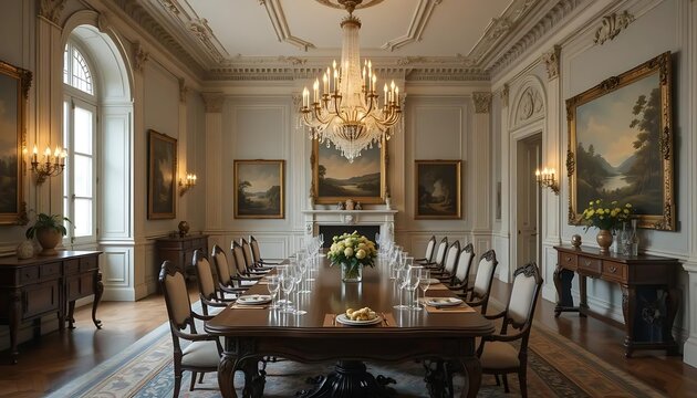 Elegant dining room showcasing a long table set for a formal banquet with exquisite glassware, fine china, and a magnificent chandelier illuminating the space. The classic architecture and artwork