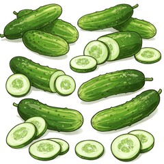 Green Cucumbers and Slices on White Background