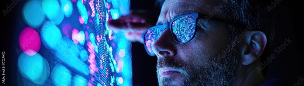 Poster a man wearing glasses observing a digital data display panel