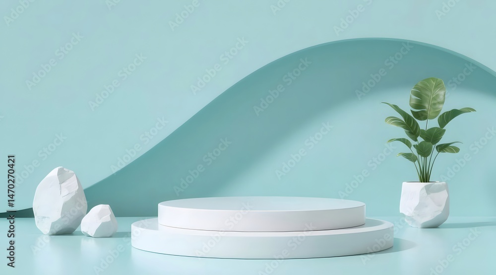 Aufkleber パステルブルーの背景に白い円形ステージと緑の植物があるミニマルなプレゼンテーション 3d レンダリング
