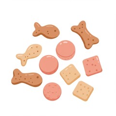 Assorted Pet Treats: Brown and Pink Biscuits in Various Shapes
