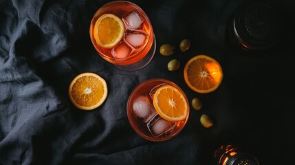 Spritz Aperol cocktail glass with Summer. Banner with space for text. Luxury vacation concept, bar or restaurant design. Alcohol drink as an aperitif at an event, poolside or beach party