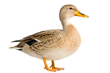 Isolated female mallard duck standing elegantly on a black background, mallard, duck, female, hen, isolated, bird, waterfowl, wildlife, animal, nature, plumage, feathers, beak, orange, portrait, stand