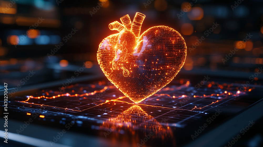 Poster a glowing heart in the form of a complex grid of fiery dots, which seems to hover over an electronic