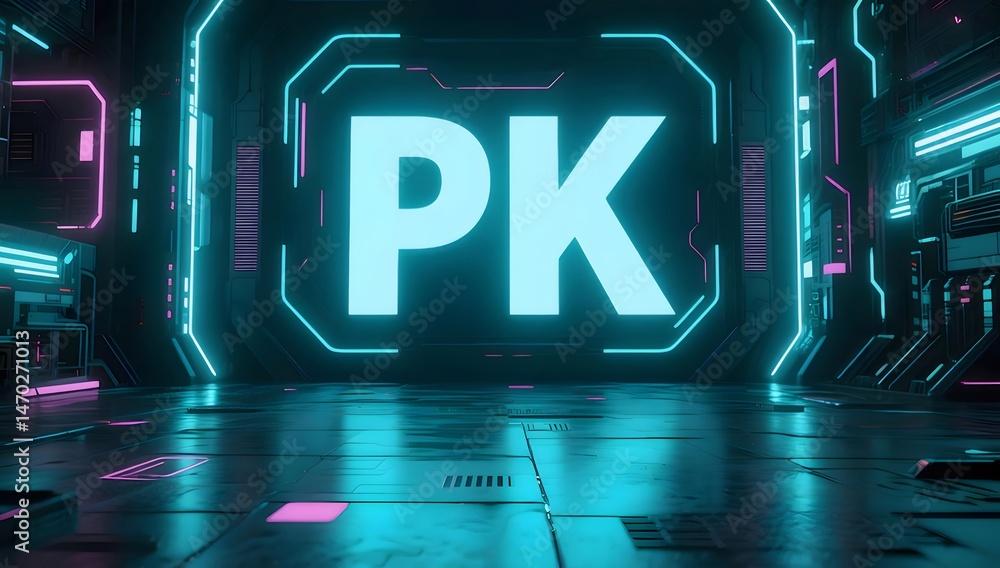 Poster pkロゴ付きの抽象的なネオン青色サイバーパンクの背景 未来的な技術デザインが特徴