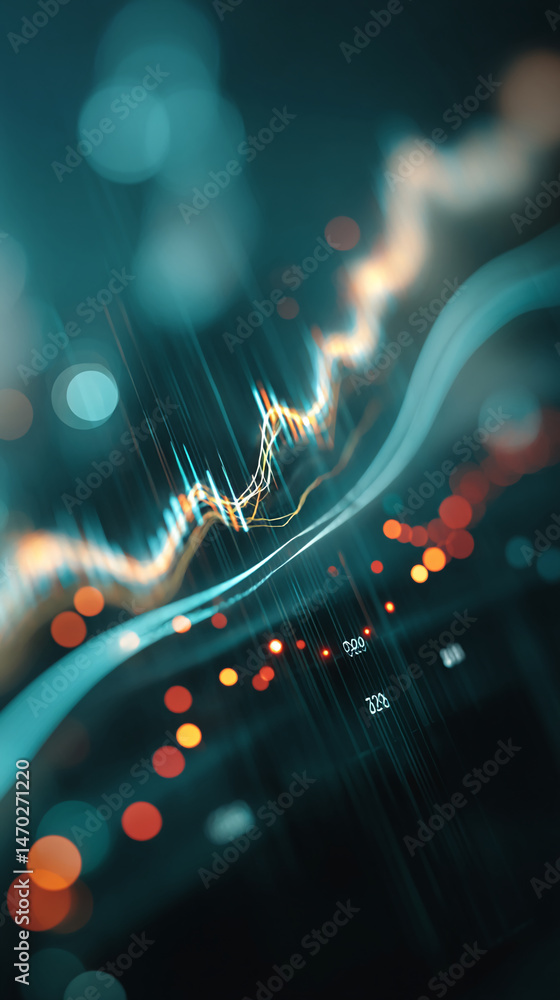 Poster abstract image of teal and orange light streaks forming dynamic curves, suggesting data flow and tec
