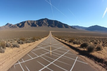 Vast desert road leading to distant mountains under a clear blue sky.