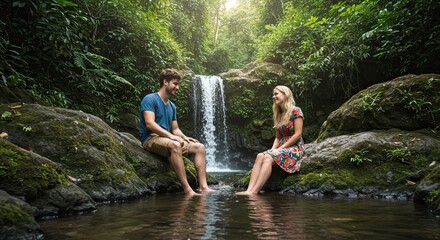 Fototapeta premium Peaceful couple enjoying nature by a waterfall in lush greenery