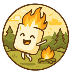 Cartoon marshmallow bonfire. Cute roasted marshmallow character with flame on head. 