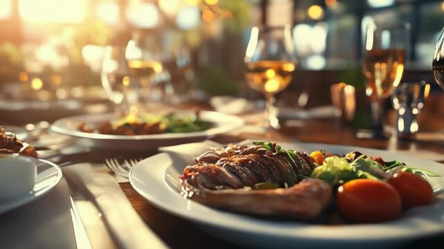 A table set with plates of food and glasses of wine, suitable for a formal dinner or special occasion