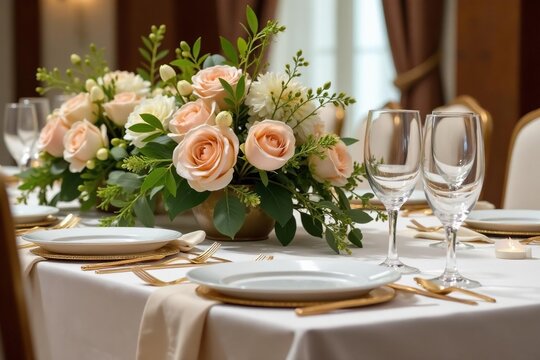 Elegant wedding table setting with floral centerpiece, gold cutlery, and luxurious linens , setting, flowers