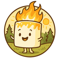 Rounded circle shape logo for summer kids camp with roasted marshmallow character