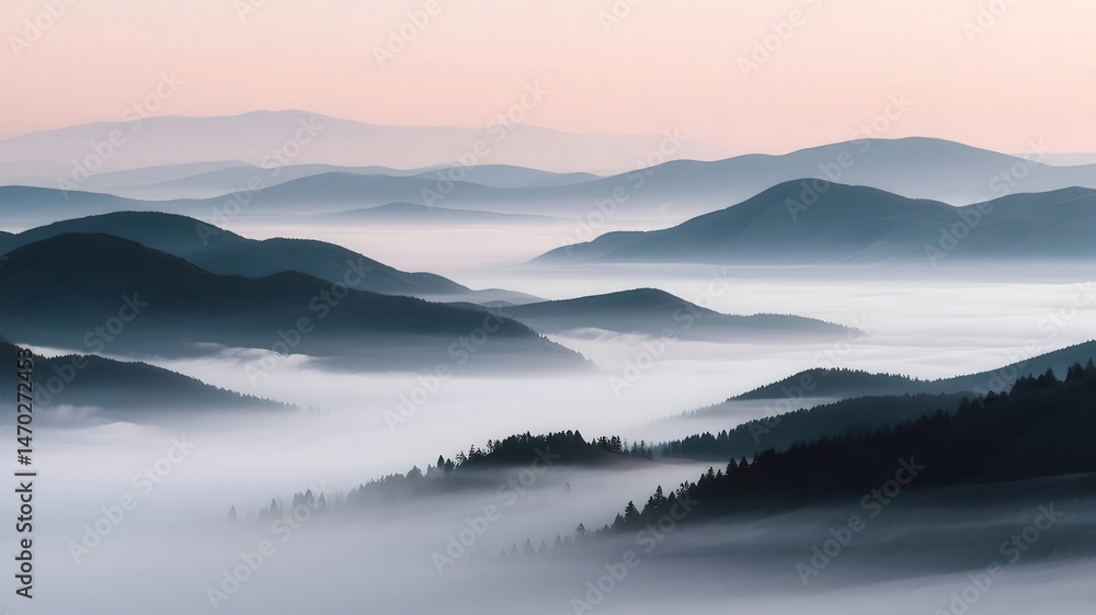 Aufkleber 薄明かりの空と霧が立ち込める山々の風景 静かな森のシルエット 日の出と日の入りの神秘的な雰囲気