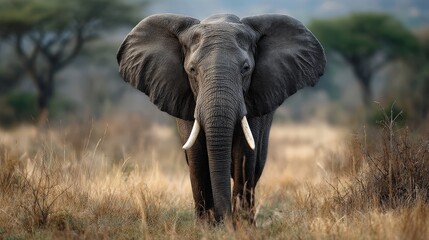 Fototapeta premium Alert elephant with flared ears savanna wildlife photography natural habitat front view majestic presence