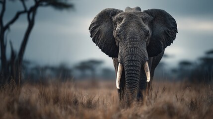 Fototapeta premium Elephant staring into camera wide field wildlife photography natural environment direct view majestic presence