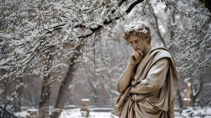 Stone statue with thoughtful expression standing in a snowy environment