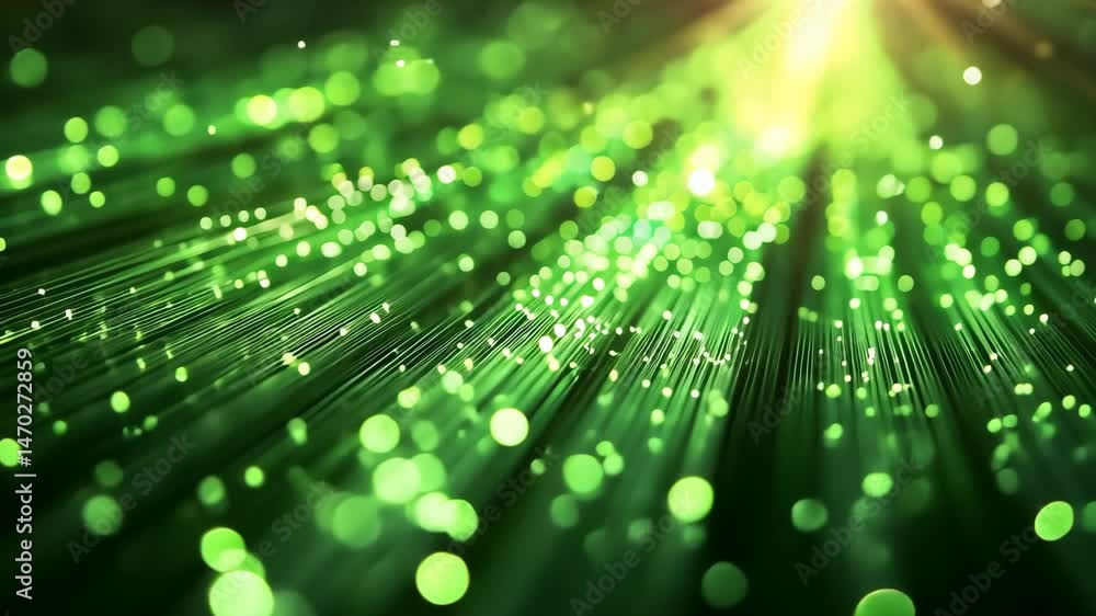 Poster vibrant green light beams and sparkling particles create abstract mesmerizing effect.