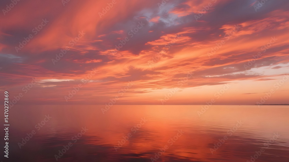 Aufkleber オレンジ色の雲と空が海に映る穏やかな日没の風景 平和な海岸線の夕暮れの景色 反射する水面とドラマチックな空の背景