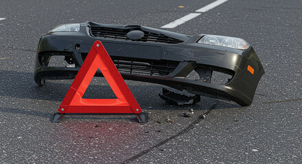 Parachoques dañado y señal triangular de emergencia en la escena