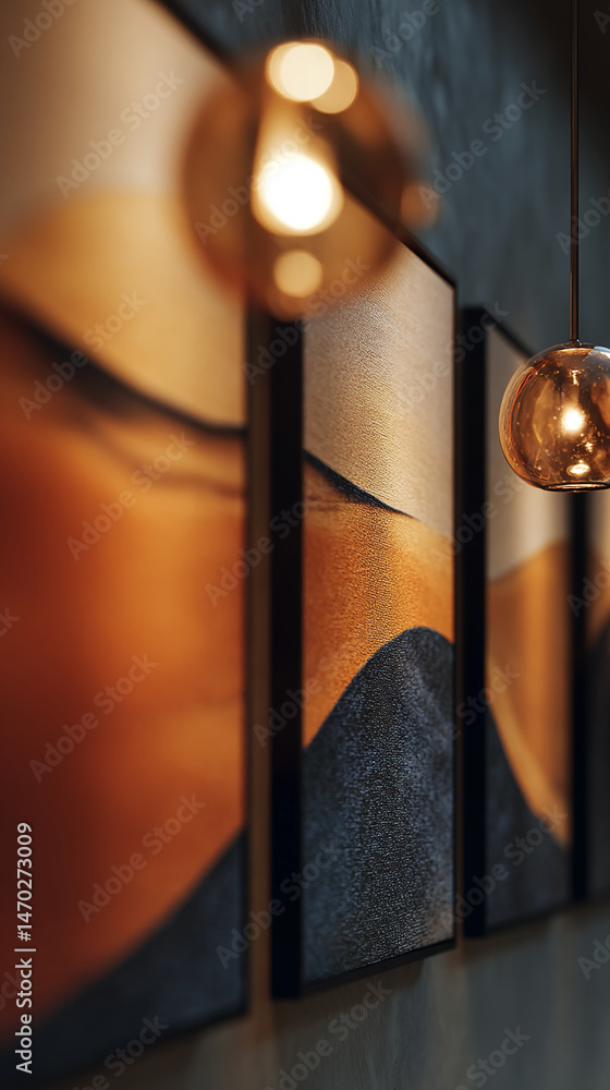 Poster abstract orange and dark-grey textured artwork displayed on wall, illuminated by warm hanging lights