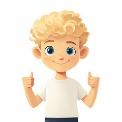 Cheerful blonde cartoon boy expressing positivity with thumbs-up gesture on dark backdrop