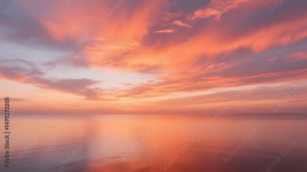 Aufkleber ピンクとオレンジの雲が反射する穏やかな水面と幻想的な夕焼け空のパノラマの風景