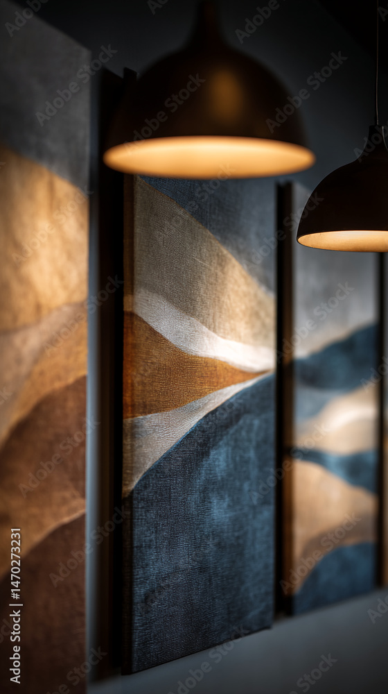 Poster abstract art triptych with textured, earth-toned canvases illuminated by pendant lamps, creating a s