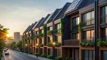 Modern Townhouses at Sunset Luxurious Real Estate Development showcasing elegant architecture, brick facades, and lush greenery providing a tranquil urban living experience.