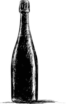 Naklejki Black and white sketch of a champagne bottle, pen drawing. Vector illustration