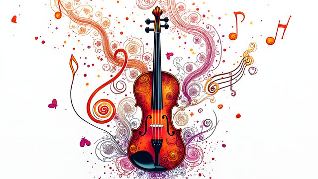 Colorful artistic violin surrounded by swirling musical notes and decorative patterns, evoking lively and creative musical expression