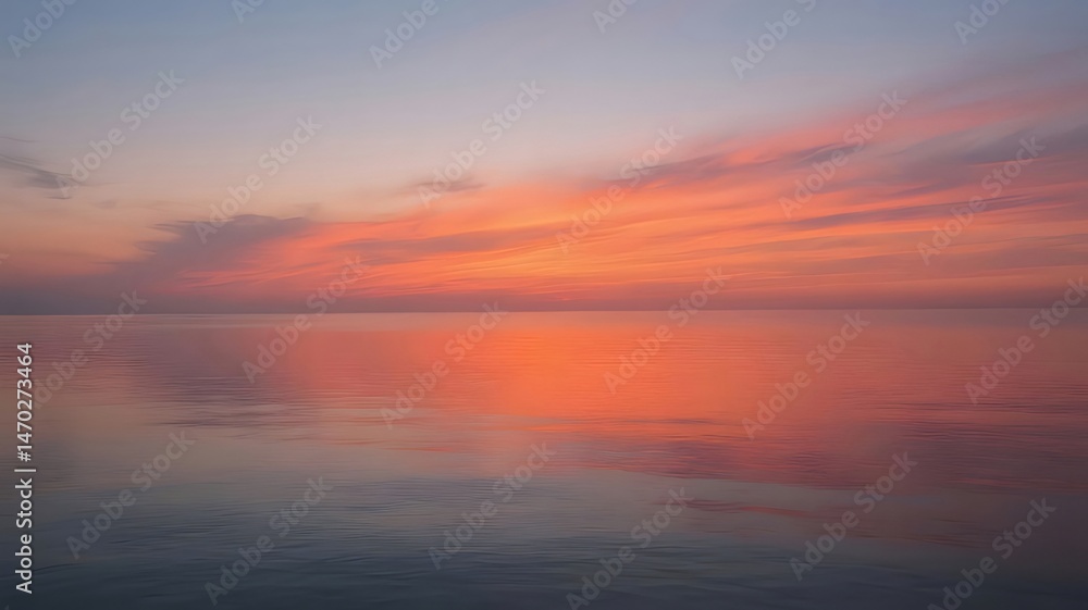 Poster オレンジ色とピンク色の空が海に反射する息をのむような夕焼け 穏やかな水面と空に浮かぶ雲が平和な風景を作り出す
