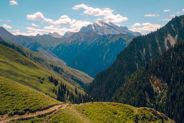 Fototapeta premium Wide-angle view of green grassy hills on both sides at Tianshan mountain, Xinjiang, Chaina. There are many rocks along the way on a cloudy day. There is a couple hikers are walking in the distance.