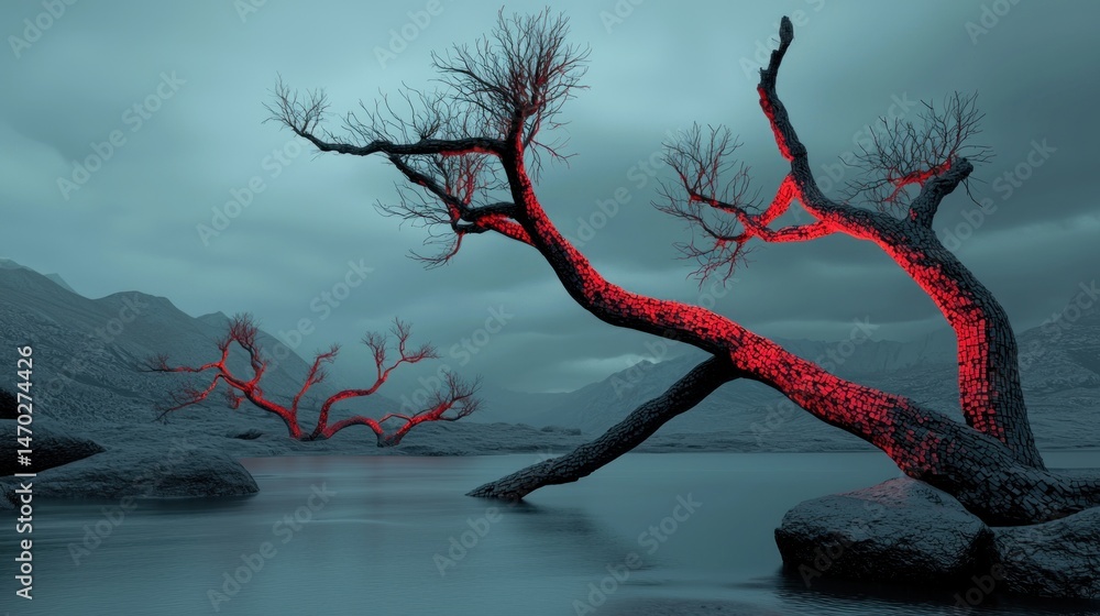 Aufkleber trees with red illuminated branches and dark landscape scenery