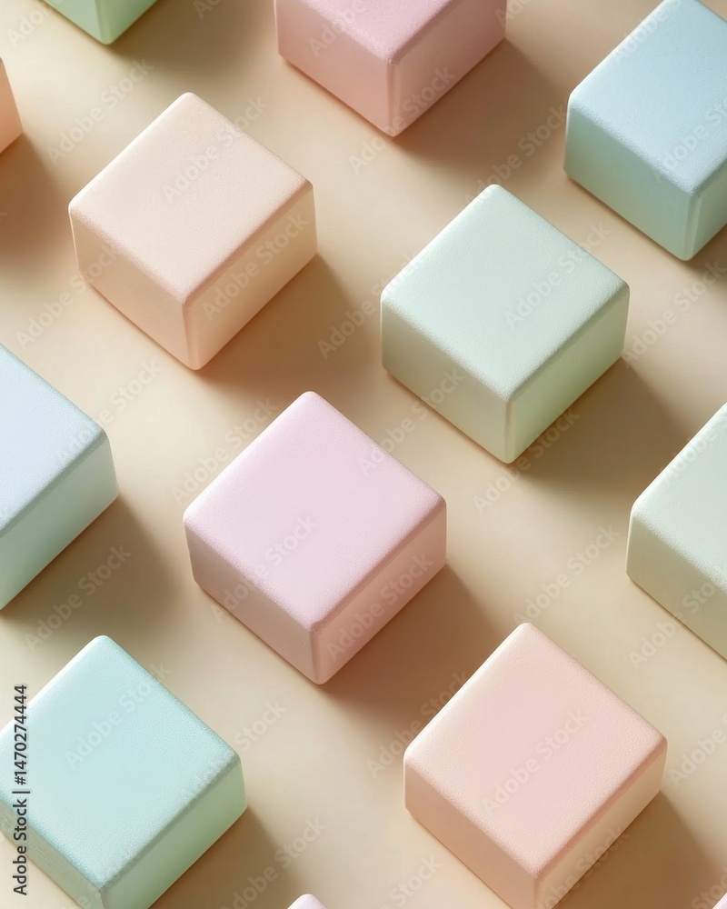 Aufkleber pastel square candies arranged on beige surface with soft textures in a studio setting