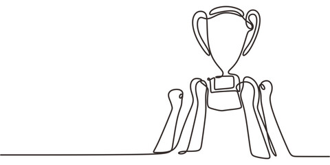 Continuous One Line Drawing Group Holding Trophy High. Teamwork Success Collaboration Victory Vector Art.