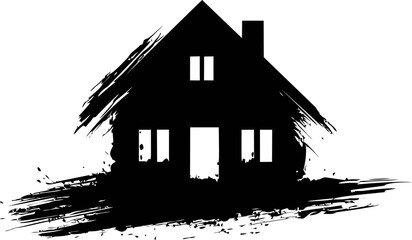 Silhouette of a grunge-style house with artistic paint splashes. Vector illustration