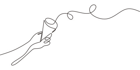 Continuous One Line Drawing Hands Releasing Confetti. Celebration Party Victory Success Joy Vector.