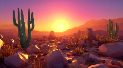Fototapeten Stylized low-poly desert landscape with cactus at sunset © AN STOCK