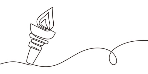Continuous One Line Drawing Burning Torch Flame Symbol. Spirit Hope Victory Light Competition Vector.
