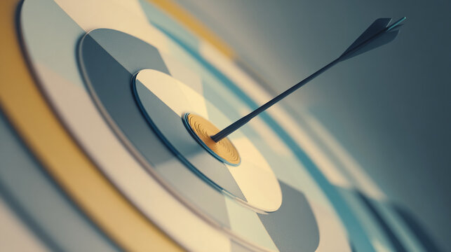 Arrow hitting bullseye on stylized target, showcasing achievement and success concept.  Neutral color palette evokes professionalism and accuracy