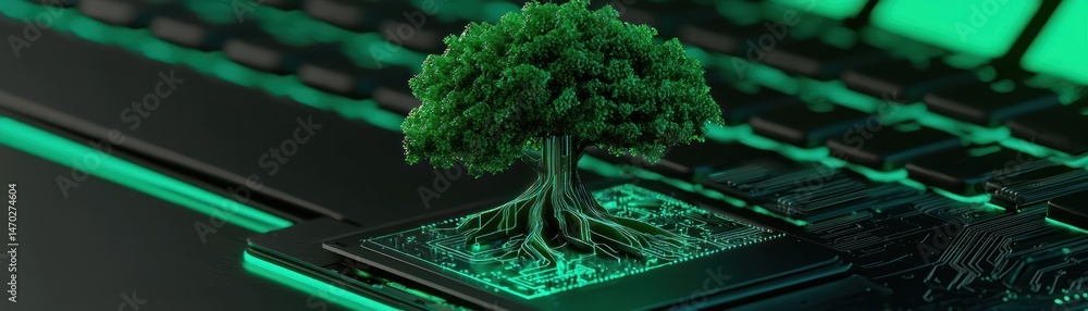 Poster a green tree growing upon a circuit board of a keyboard
