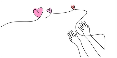 Continuous One Line Drawing Hands Making Heart Shape. Love Care Charity Health Together Vector Symbol.