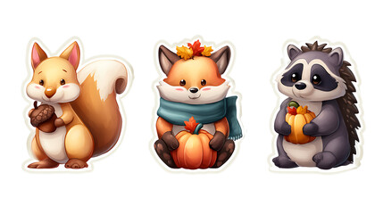 Obraz premium Adorable cartoon animals – squirrel, fox, and raccoon – holding autumnal treats like acorns and pumpkins.