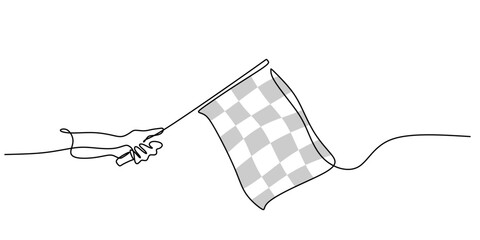 Continuous One Line Drawing Waving Checkered Flag Symbol. Race Finish Winner Victory Competition Vector.
