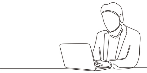 Single Line Art Male Figure Laptop Computer. Remote Work Study Minimalist Vector Illustration.