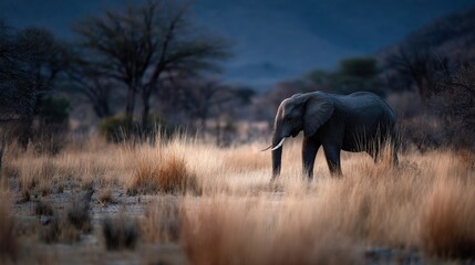 Obraz premium Elephant walking through dry grass twilight wildlife photography serene environment side view majestic journey
