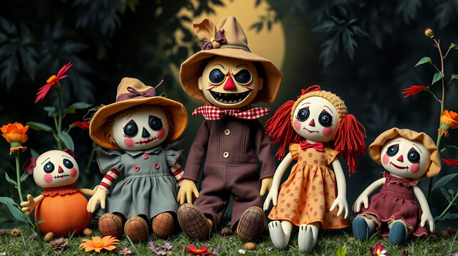 Garden ugly terrible fabric scarecrow fright bugaboo dolls on stiick and toy character dress from farm rag-doll vector illustration