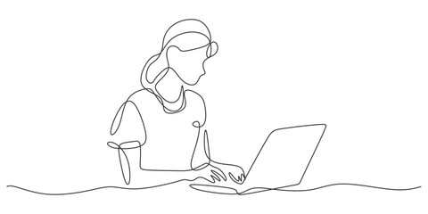 Continuous Line Drawing Woman Working Laptop. Modern Work Business Minimalist Vector Art.