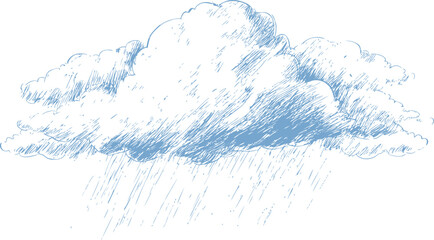 Sketch of rain cloud with blue shading and falling raindrops, hand-drawn style. Vector illustration