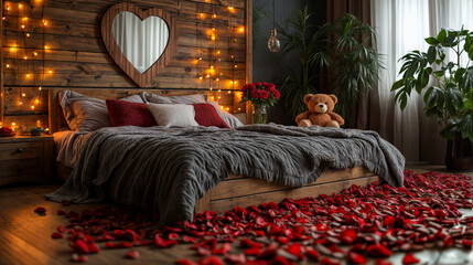 Modern bedroom with romantic rose petal decorations